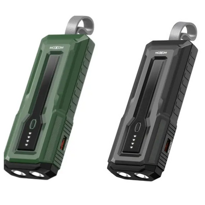 Moxom MX-PB133 10,000mAh portable power bank featuring fast-charging protocols (PD20W, QC18W, SCP22.5W), a built-in dual LED flashlight, and a digital charge-level indicator-GREEN