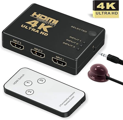 HDMI Switch 4K, 3-Port HDMI Switcher, Splitter, Supports 4K, Full HD1080p, 3D with IR Remote