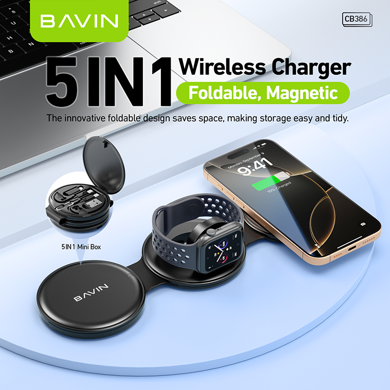 BAVIN C-W-CB386 5 in 1 Magnetic Wireless Charger Kit w/ USB iPh Converter amp; Card Slot