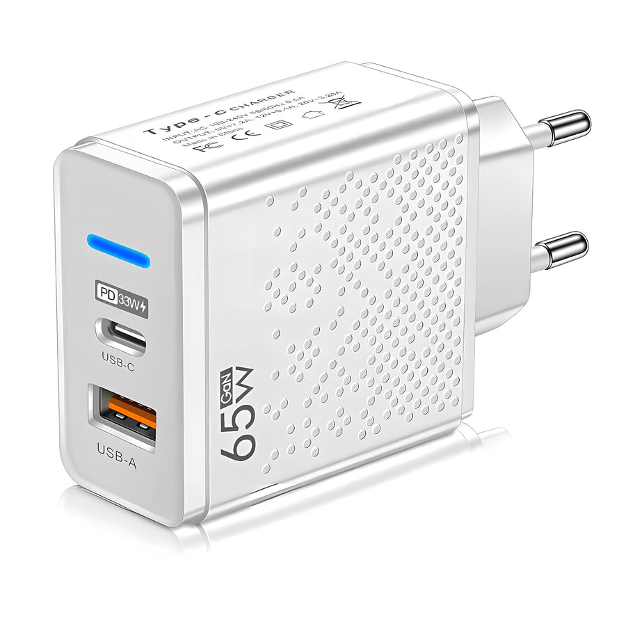 Quick Charger Multi Ports 65W GaN USB-C (PD 3.0 33W) + USB-A QC 3.0 (32W) White – Charger Power Supply Adapter Mains for iPhone, iPad, Macbook, Samsung