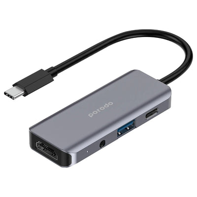 Porodo 4in1 USB-C Hub Type-C PD 100w Hdmi USB 3.5mm Aux - Grey