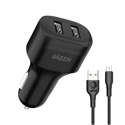 GREEN DUAL PORT CAR CHARGER 12W WITH PVC MICRO USB CABLE 1.2M - BLACK