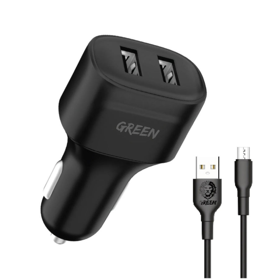 GREEN DUAL PORT CAR CHARGER 12W WITH PVC MICRO USB CABLE 1.2M - BLACK