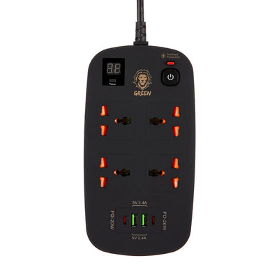 GREEN 4 AC 2 USB & 2 USB-C PD 40W MULTIPORT SMART POWER SOCKET 3500W 3M - BLACK