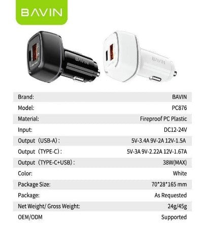 BAVIN PC876 38W Fast Charging Car Charger Dual PD amp;amp; QC3.0 Usb Port Suitable For Iph 15 Series