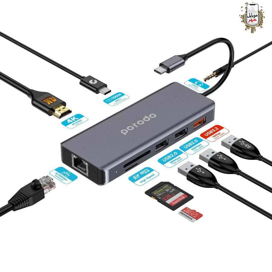 Porodo 9in1 4K HDMI Ethernet USB C Hub
