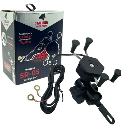 This is a Stallion SR-05 Turbo motorcycle cell phone holder with a built-in USB charger