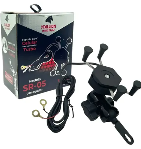 This is a Stallion SR-05 Turbo motorcycle cell phone holder with a built-in USB charger