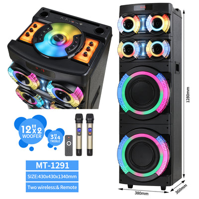 12 Inch*2 BT Speaker RGB LED Light 200W High Power Battery Subwoofer Speaker Remote Control Outdoor Speaker With Mic-1291