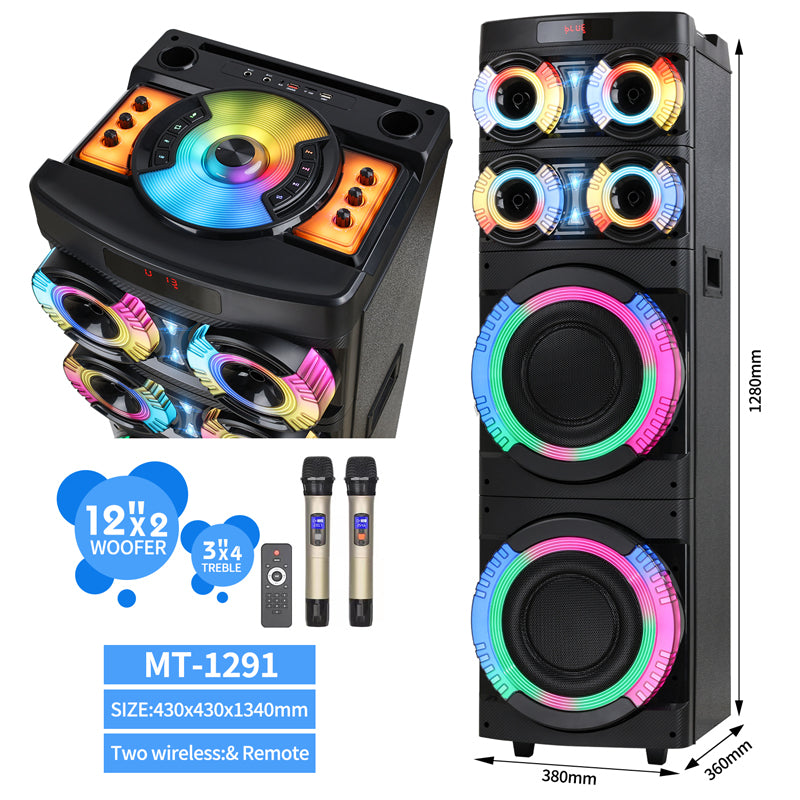12 Inch*2 BT Speaker RGB LED Light 200W High Power Battery Subwoofer Speaker Remote Control Outdoor Speaker With Mic-1291