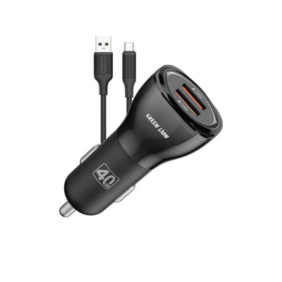 Green Lion Dual Qc3.0 Car Charger 40w (Qc 20w*2) USB-A To USB-C Cable 1m - Black
