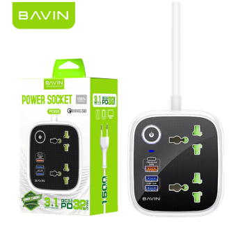 Bavin PC830 Power Socket, three USB ports with Quick Charge 3.0 support and one Type-C Power Delivery (PD) and universal AC outlets