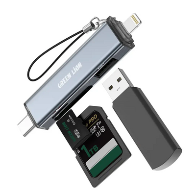 {GN3N1RDUBLGGY} Green Lion 3 in1 Card Reader - USB-C & Lightning Connectivity- Gray