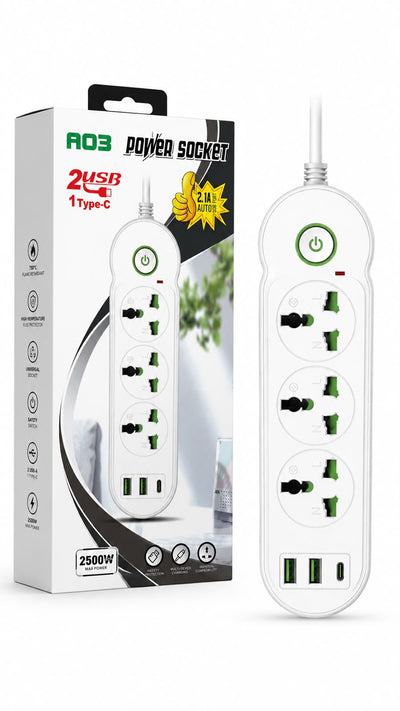 3 Sockets, 2500w Power Socket With 2usb, And 1 Type-C
