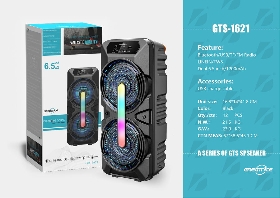 2*6.5 inch Portable Speaker VIP1 Model Unit Size: 16.8*14*41.8CM GTS-1621