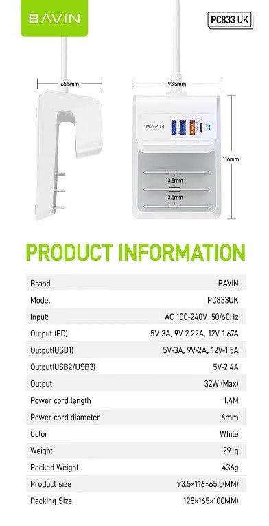BAVIN 4 IN 1 32W PD QC3.0 Bracket Fast Charging Multi Ports USB Type c Cell Mobile Phone Charger PC833
