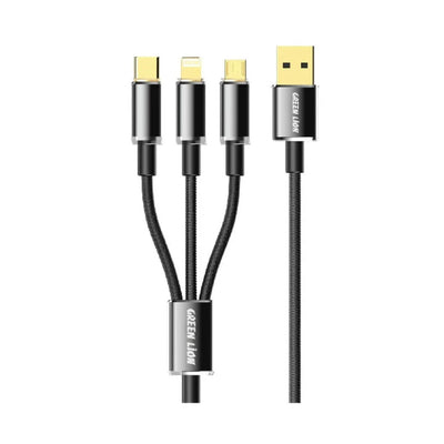 GREEN LION TRANSPARENT 3 IN 1 BRAIDED CABLE ( USB-C / LIGHTNING / MICRO ) 1M - BLACK