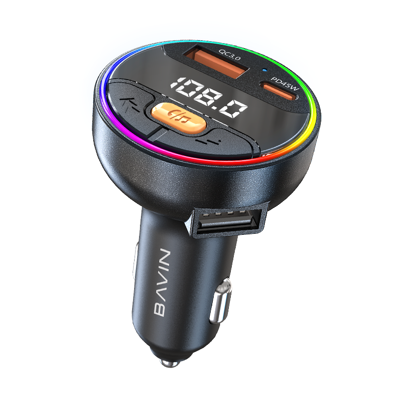 BAVIN C-C-PC2079 45W PD+QC 3.0 Ultra-Fast MP3 Car Charger w/ 7-Color RGB Lights
