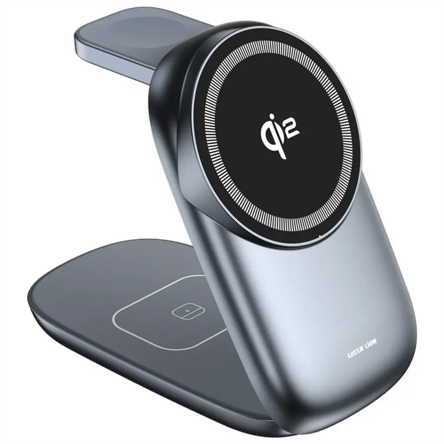 {GNQI23N1MGGY} Green Lion 3 IN1 Magfold Wireless Charger - Gray