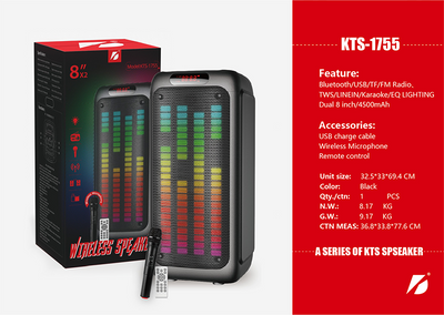 Kts-1755 bt wireless portable outdoor speaker large dual 8 inch with wireless microphone fm radio usb tf tws mp3 music player