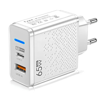 Quick Charger Multi Ports 65W GaN USB-C (PD 3.0 33W) + USB-A QC 3.0 (32W) White &ndash; Charger Power Supply Adapter Mains for iPhone, iPad, Macbook, Samsung