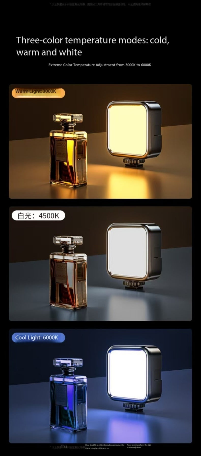 Portable LED light Compatible with Hot Shoes, Cameras and Tripods3 Cold Shoe Ports for Multi-Light Splicing