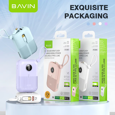 BAVIN Y-PC1089 10000mAh Mini Powerbank Fast Charging w/ Built-In Cable