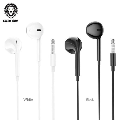 Green Lion Stereo Earphones 3.5mm With Built-In Mic - Black/ White