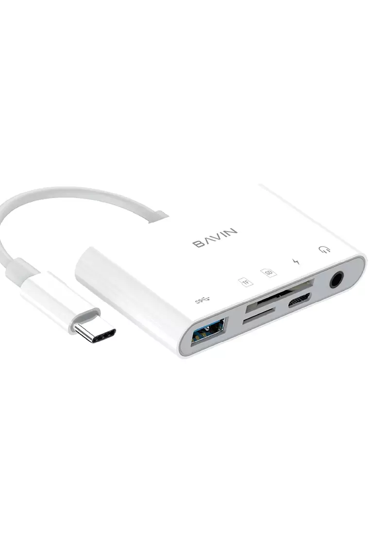 BAVIN O32 5 in 1 USB-C / iPhone OTG Hub Adapter amp;amp; Card Reader w/ USB Port / 3.5mm Audio Jack / TF amp;amp; SD Card TYPE-C PORT