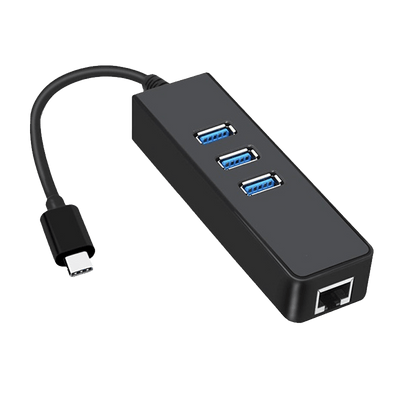 Type-C to 3 Port USB 3.0 Hub with Ethernet Adapter (Black)