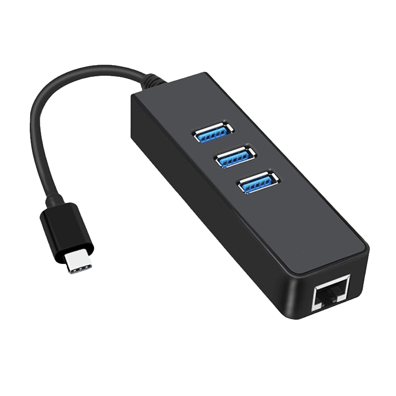 Type-C to 3 Port USB 3.0 Hub with Ethernet Adapter (Black)