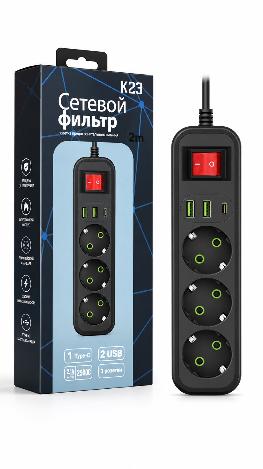 3 Sockets, 1type-C, 2 USB 2500w Power Socket