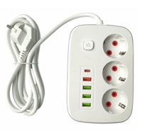 Power Strip Extension 2500W, 2m, 3 Outlets Power Strip 4 USB 1 TYPE C with Control Switch Socket