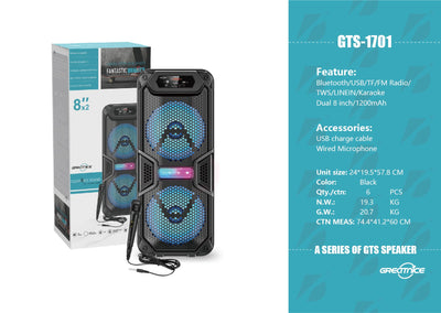 2*8 inch Portable Speaker VIP1 Model Unit Size: 24*19.5*57.8CM GTS-1701