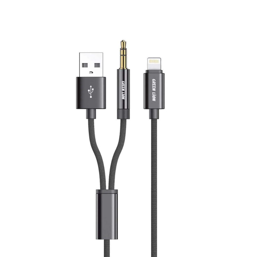GREEN LION 2 IN 1 AUX BRAIDED CABLE 1.2M - BLACK