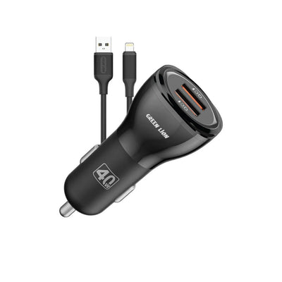 Green Lion Dual Qc3.0 Car Charger 40w (Qc 20w*2) USB-A To Lightning Cable 1m - Black