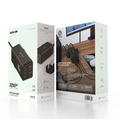 GREEN LION 7 IN 1 GAN 65W POWER STRIP - BLACK
