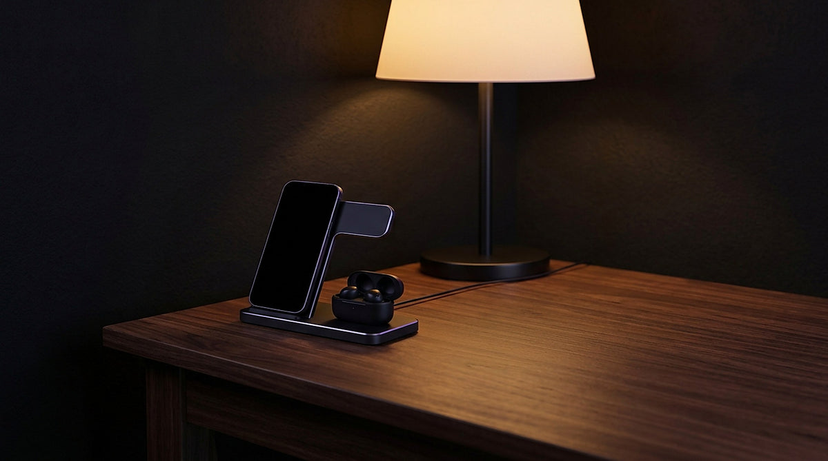 Charging stand with phone and earbuds on a walnut desk beside a lit lamp