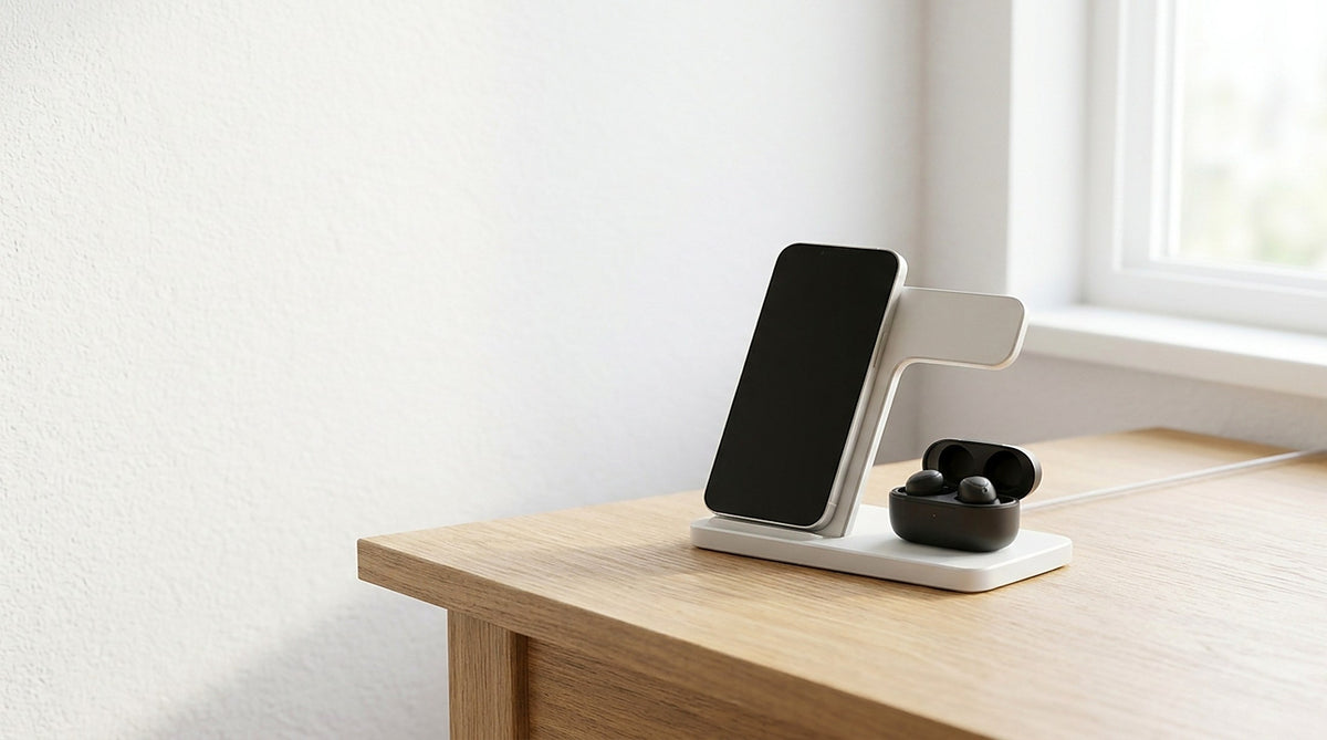 Charging stand with phone and earbuds on a pale oak desk by a window