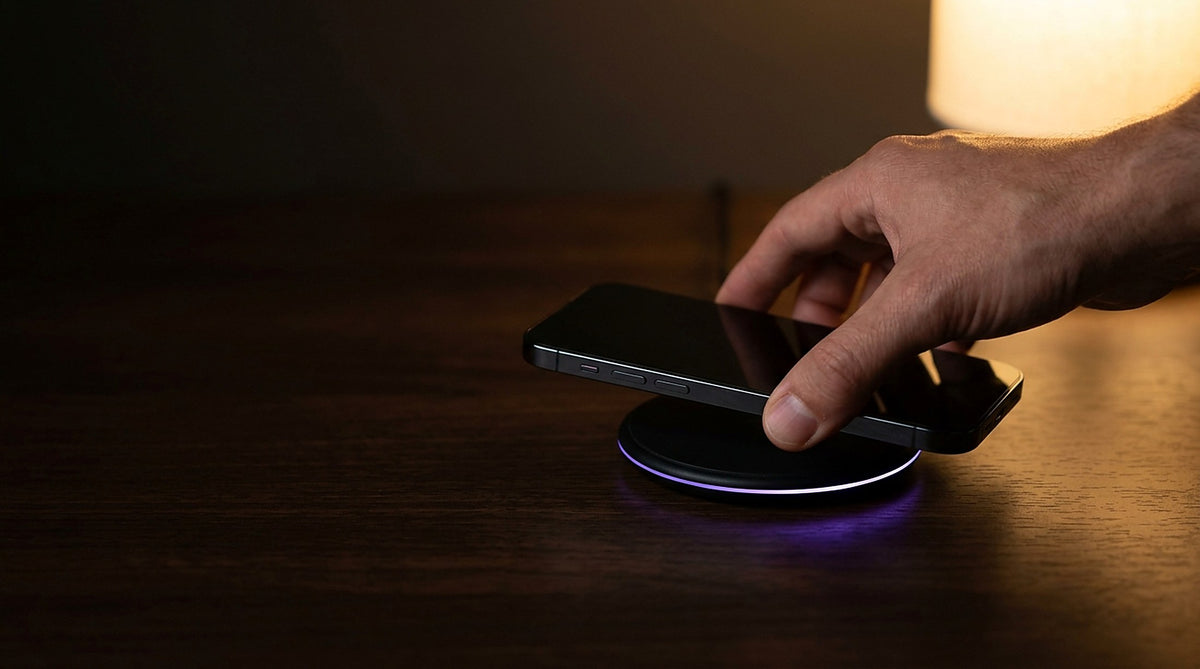 Hand placing a phone onto a glowing wireless charging pad on a dark desk