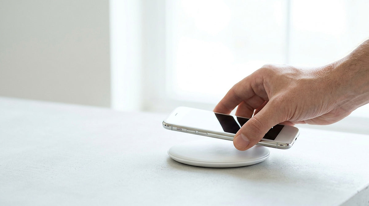 Hand placing a phone onto a white wireless charging pad on a bright desk