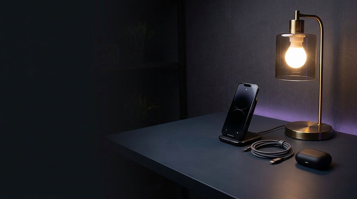 Wireless charging stand with phone and earbuds on a walnut desk beside a warm lamp