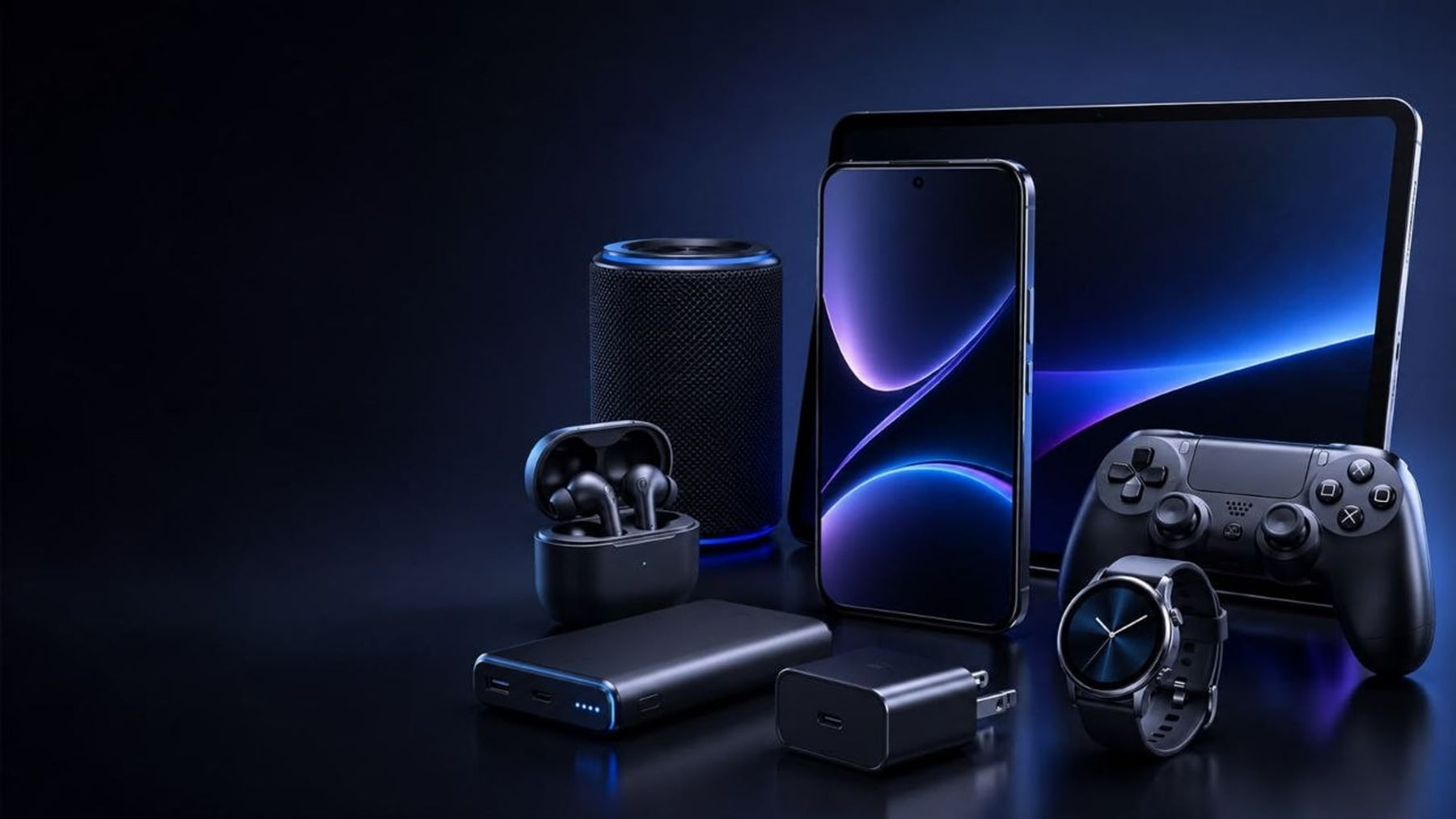 Smart speaker, earbuds, phone, tablet, games controller, smartwatch, power bank and charger on a dark blue background