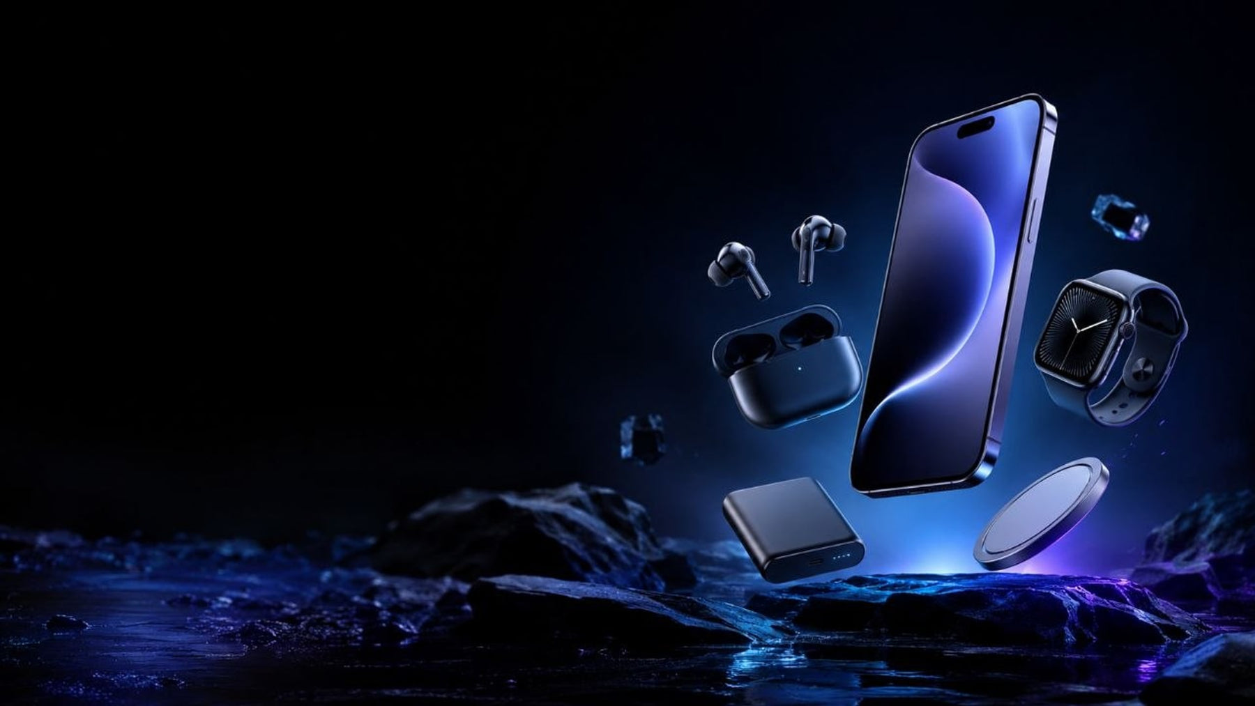 Flagship smartphone floating with wireless earbuds, a smartwatch, a power bank and a wireless charging pad