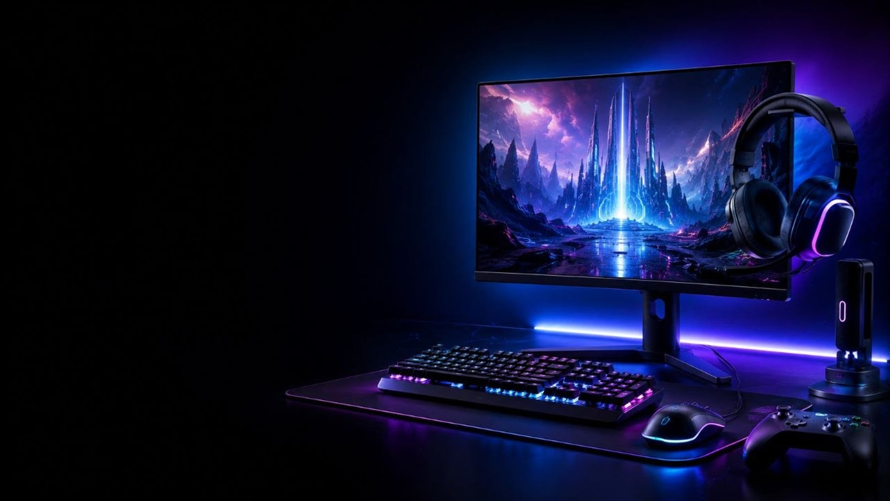 Gaming desk setup with monitor, RGB keyboard, mouse, headset and controller lit in blue and purple