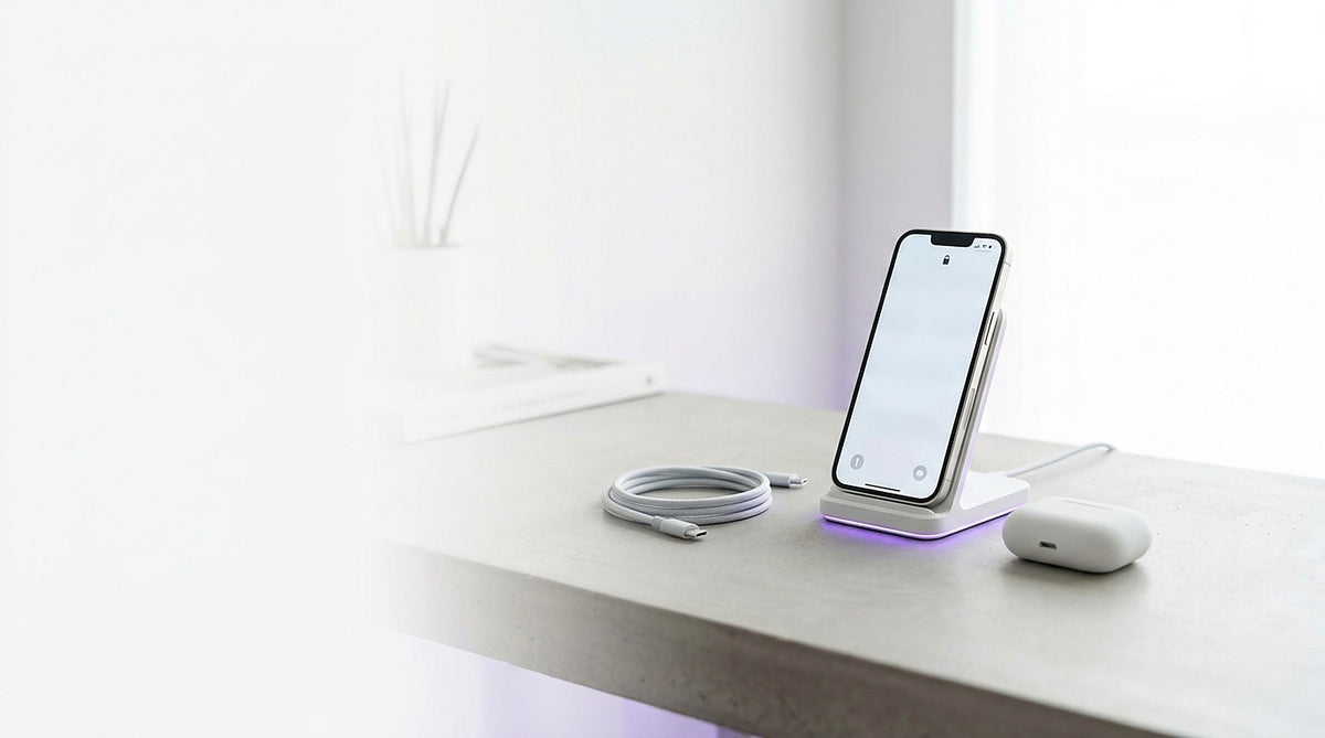Wireless charging stand with phone and earbuds on a bright desk by a window